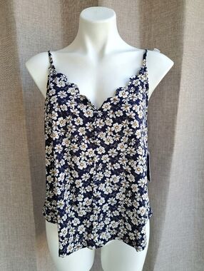 Navy Blue Summer Cami Top White Floral Print Scalloped Neckline Fifty Street L